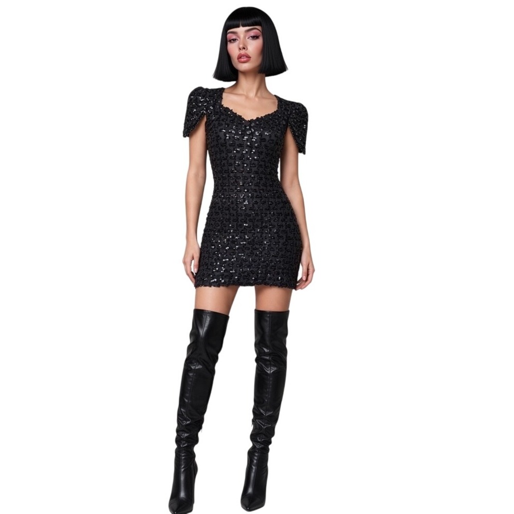 Vintage 80s Sequin Beaded Mini Dress Black Cap Sleeve Party Cocktail Bodycon S